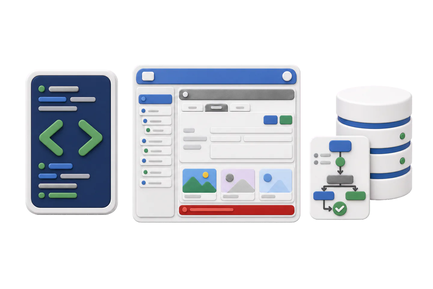 A colorful web app interface displays a code editor with green angle brackets, a dashboard with navigation menu, image thumbnails, and buttons, alongside a flowchart with a checkmark and a stacked database icon.