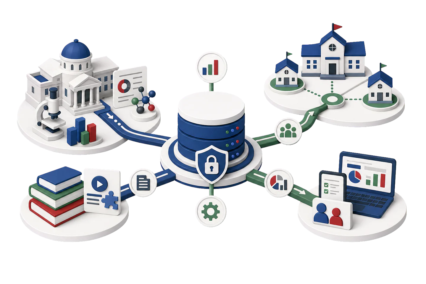 Central secure database with icons linking to a school building and smaller houses, books with educational materials, a microscope and charts, and a laptop displaying graphs and user profiles.