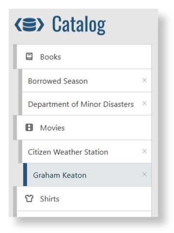 Catalog menu with categories Books, Movies, and Shirts, listing Borrowed Season and Department of Minor Disasters under Books, and Citizen Weather Station and Graham Keaton under Movies.