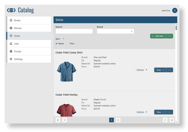 Catalog web app interface showing a Shirts section with search and sort options, details for Cedar Field Camp Shirt and Cedar Field Henley including brand, fit, material, price, images of a blue camp shirt and a red henley shirt, and buttons labeled "+ Add Shirt," "Options 4," and "View."