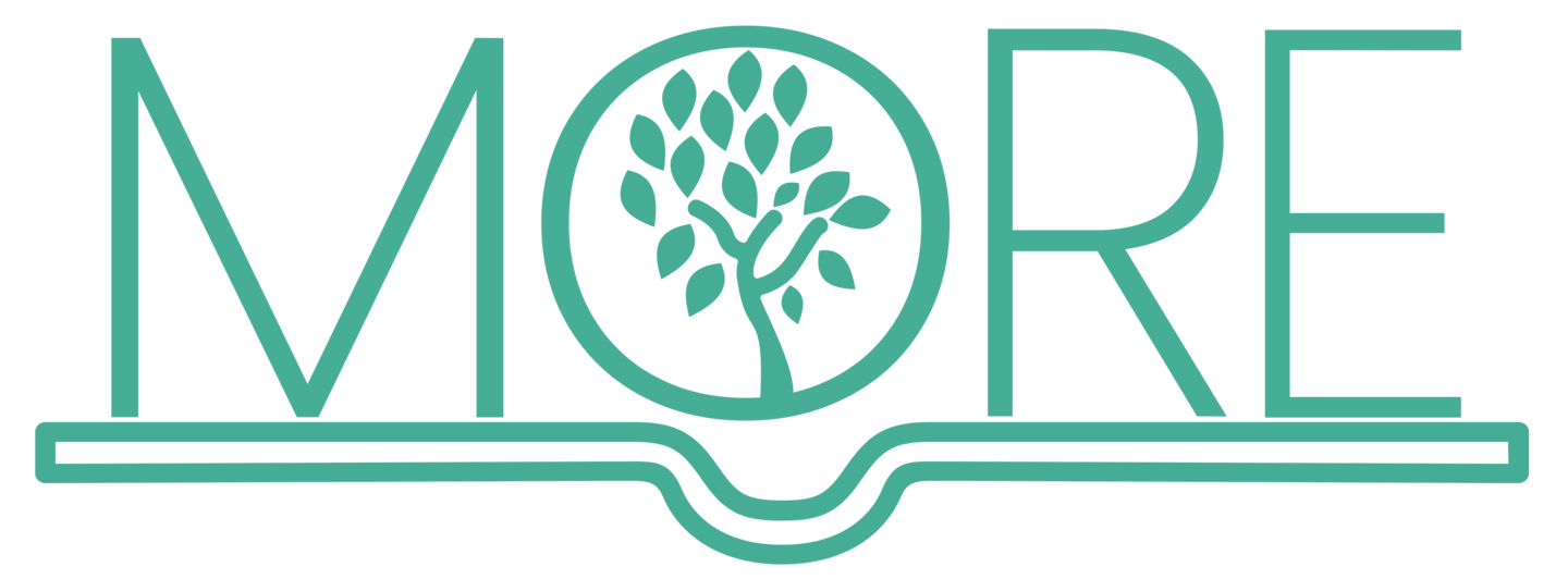 The word "MORE" in green with a tree inside the letter O and a stylized open book shape underneath the letters.