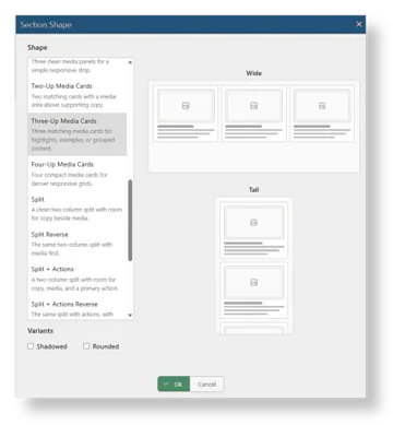 A Section Shape menu displays options for layout styles including Two-Up Media Cards, Three-Up Media Cards, and Four-Up Media Cards with preview icons for Wide and Tall formats, and checkboxes for Shadowed and Rounded variants, along with Ok and Cancel buttons at the bottom.
