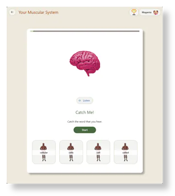 A pink brain illustration is shown above a button labeled "Listen" and the instructions "Catch Me! Catch the word that you hear," with four answer choices below labeled "cellular," "cells," "cell," and "celled."