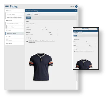 A web app catalog page displays a navy blue short-sleeve shirt with orange and white stripes on the sleeves, labeled "Harbor Line Henley," priced at $32.00 with options for brand, fit, and material.