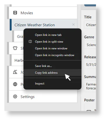 A cursor hovers over the option "Copy link address" in a context menu showing link actions, while a sidebar lists categories including "Movies," "Citizen Weather Station," and "Settings."