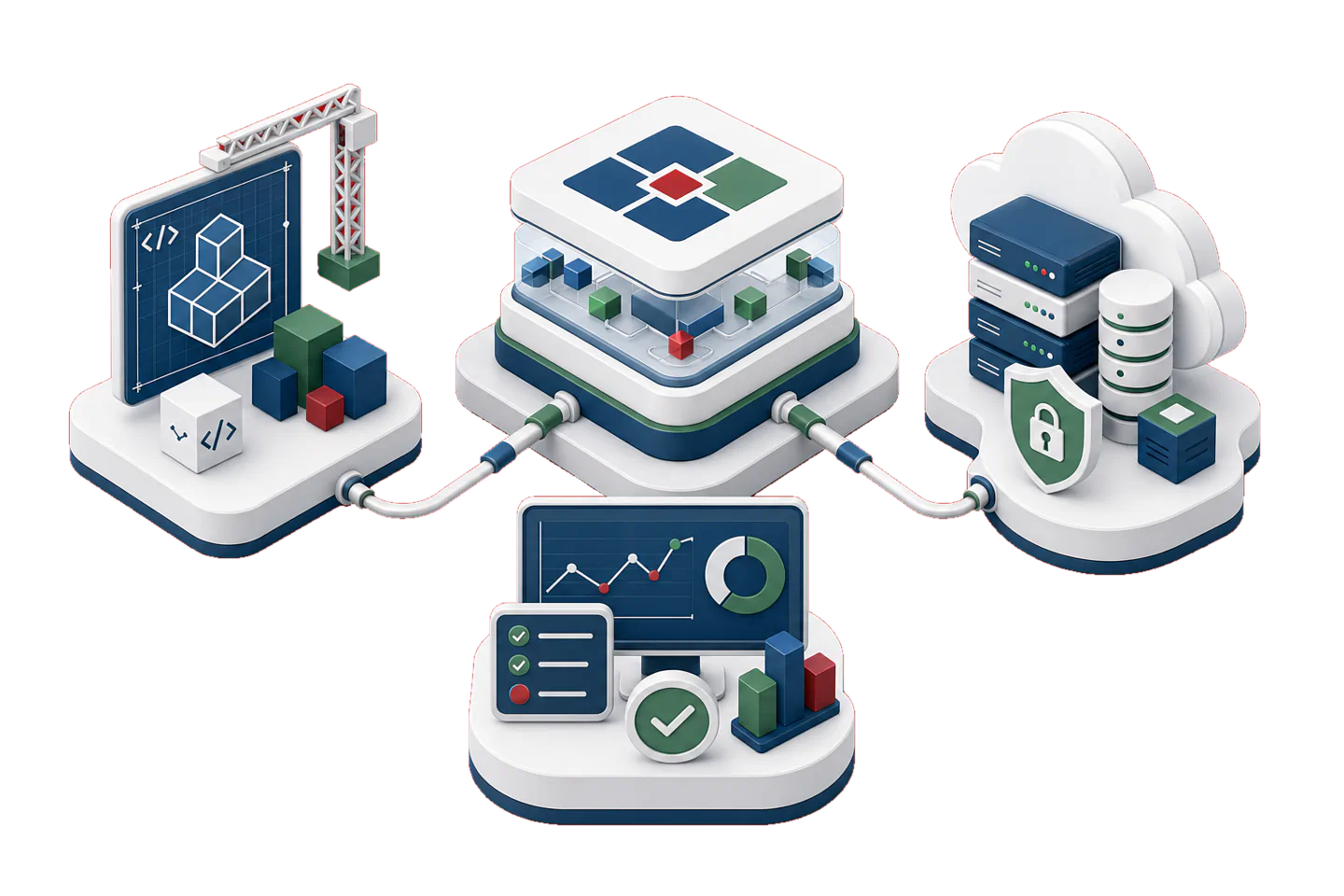 Blocks connected by wires between a crane with code blocks, a central platform with colored cubes and a network diagram, a cloud with servers and a shield with a lock, and a monitor displaying charts, checklists, and a check mark.