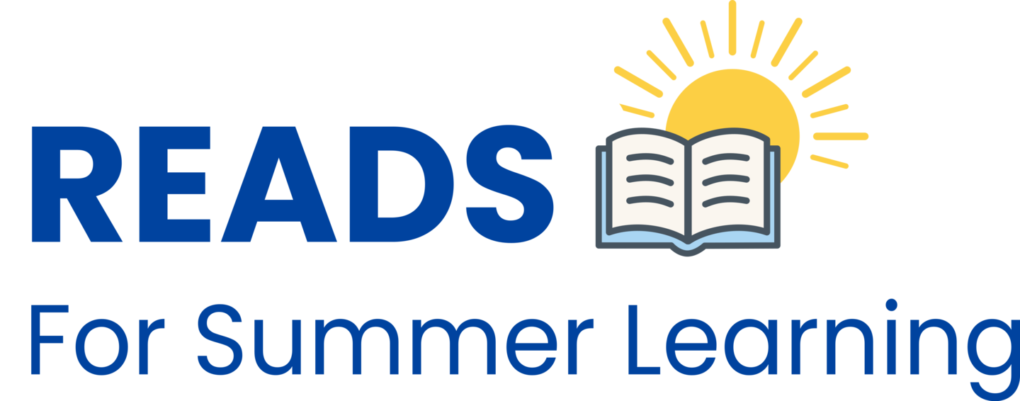 The text "READS For Summer Learning" appears with an illustration of an open book and a yellow sun behind it.