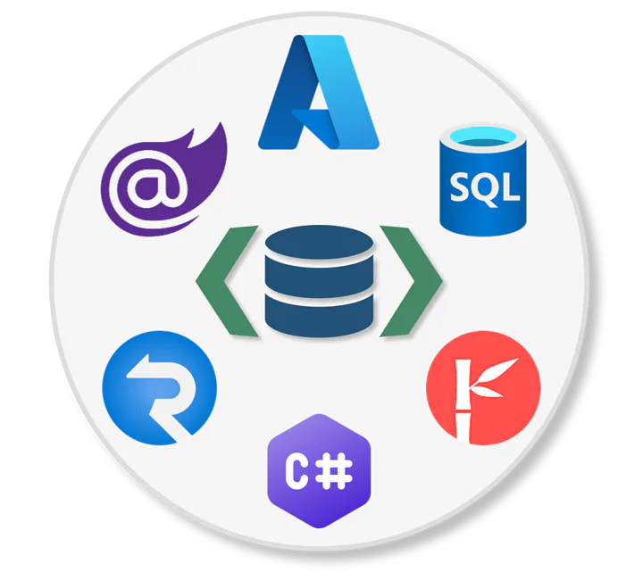 A circular diagram with a central database icon surrounded by code brackets and six programming-related logos including Azure, SQL, C#, and others.