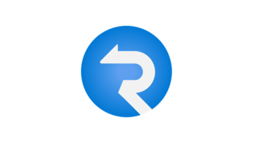 A white curved arrow pointing left forms the letter R inside a solid blue circle.