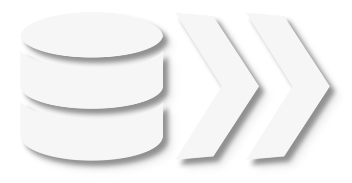 A stack of two white coins or disks next to two large white chevron arrows pointing right.